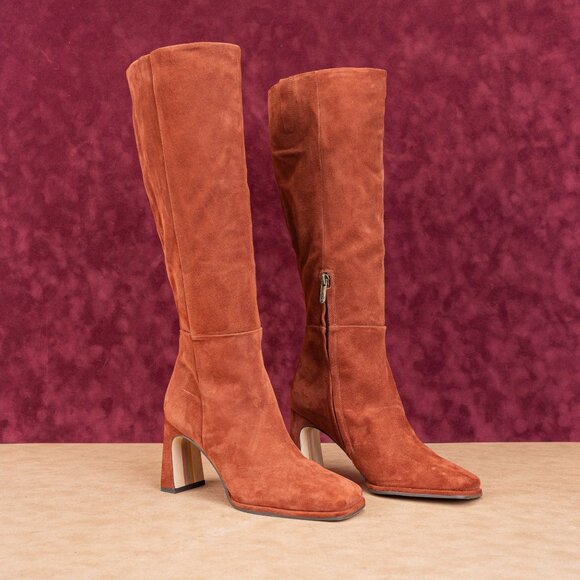 Sam Edelman Women Issa Warm Chesnut Suede Square Toe Knee Boots sz 7.5 - Picture 1 of 9